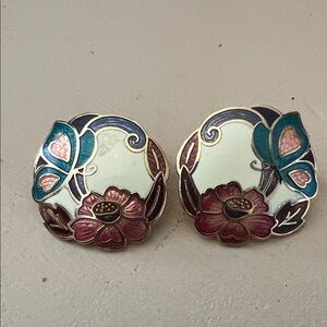 Floral Enamel Earrings with Butterfly Design